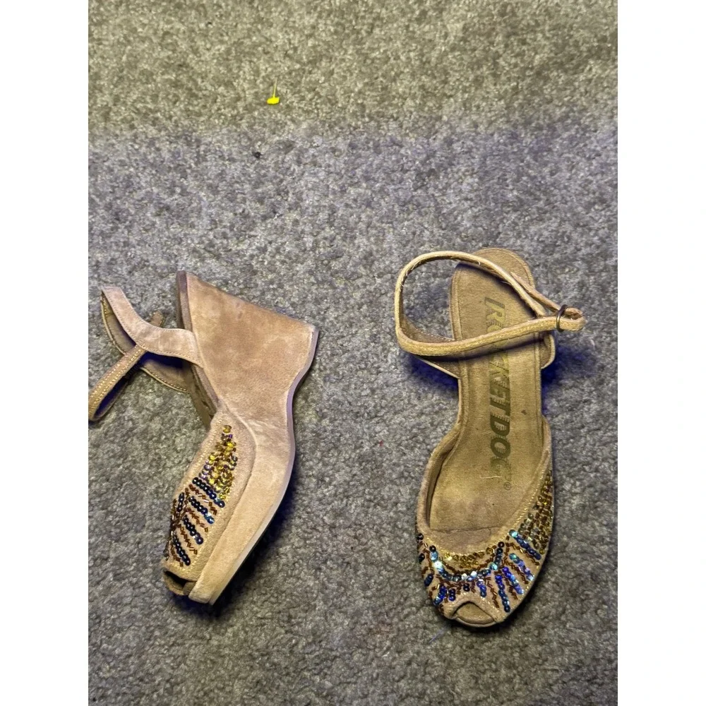 Rocket‎ Dog Glitzy Tan Beaded Sequin Wedge Sandals Peep Toe Ankle Strap Womens 6